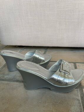 Bolaro by Summer Rio - Silver Wedged Slide Sandal Mule + Embellished Buckle